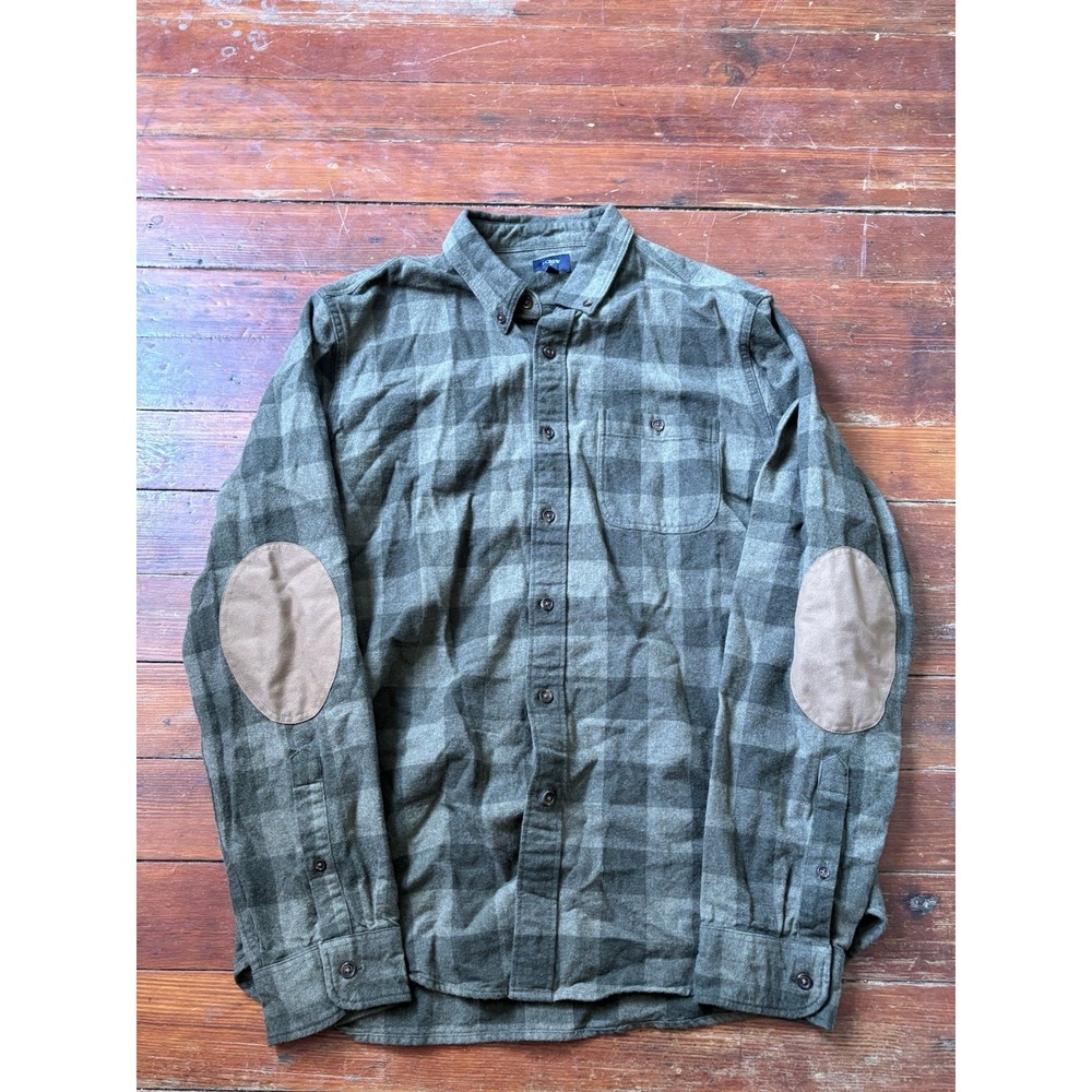 J Crew Mens L Green Flannel Workshirt Elbow Patches Plaid Button Down F4557